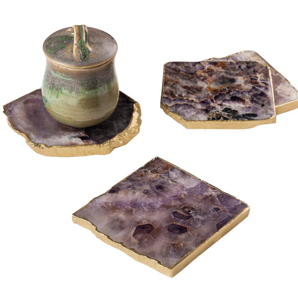 Dazzle Amethyst Stone Coasters with Gold Edges, Set of 4