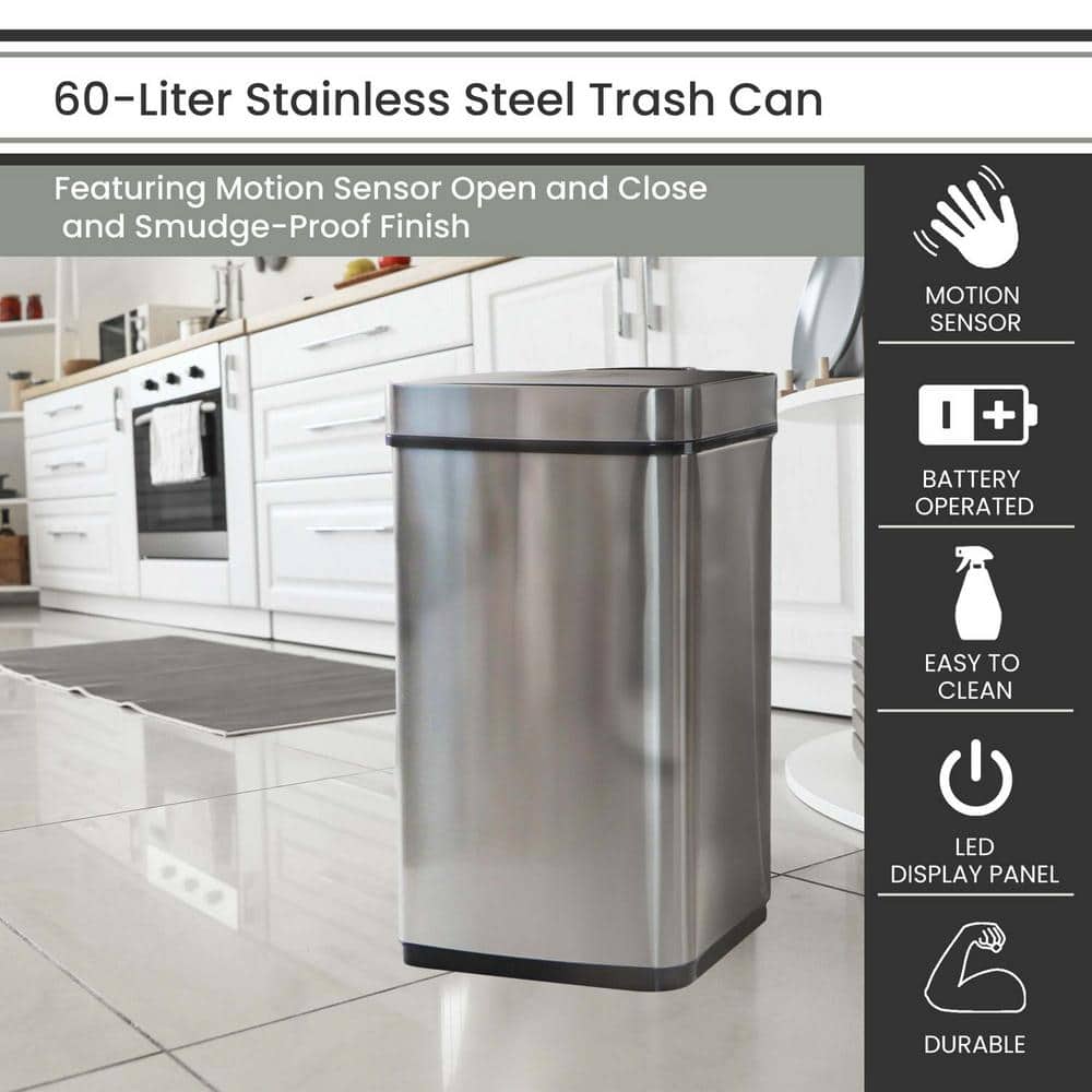 Silver Stainless Steel Touchless 16-Gallon Trash Can