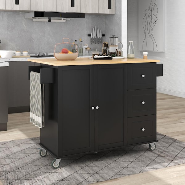 grossag Black Wood 52.7 in. Kitchen Island with 3-Drawers, Extensible Tabletop and Spice Rack, Towel Rack