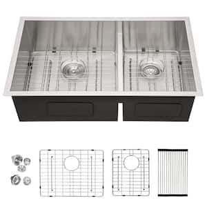 33 in. x 19 in. x 10 in. Double Bowl Undermount Kitchen Sink 16 Gauge Stainless Steel with Bottom Grid
