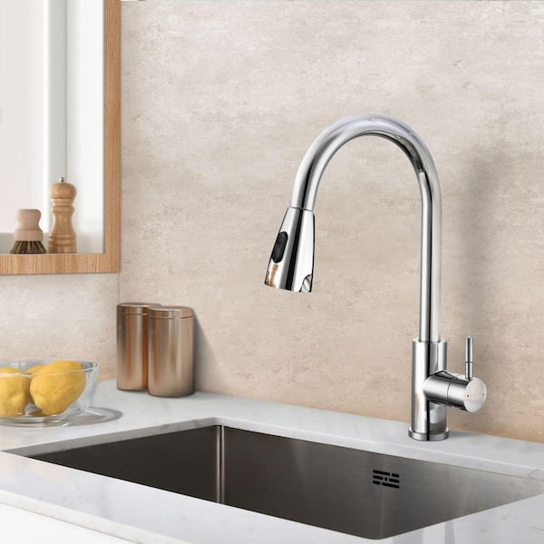 15.67 in. Single Handle Stainless Steel 360 ° Spout Swive Pull Down Sprayer Kitchen Faucet in Stainless Steel in Chrome