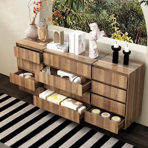 Brown Walnut Grain Finish 12-Drawers 70.9 in. Width Double Dresser Accent Storage Cabinet Organizer Handleless Design