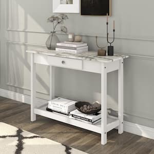 Dingo 41.75 in. White Rectangle Faux Marble Console Table with Drawer and Shelf
