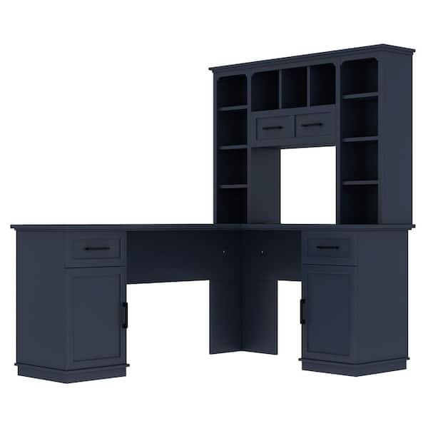 Modern 65 in. L-Shaped Antique Blue Wood 2-Drawer Computer Desk with Storage and Charging Station