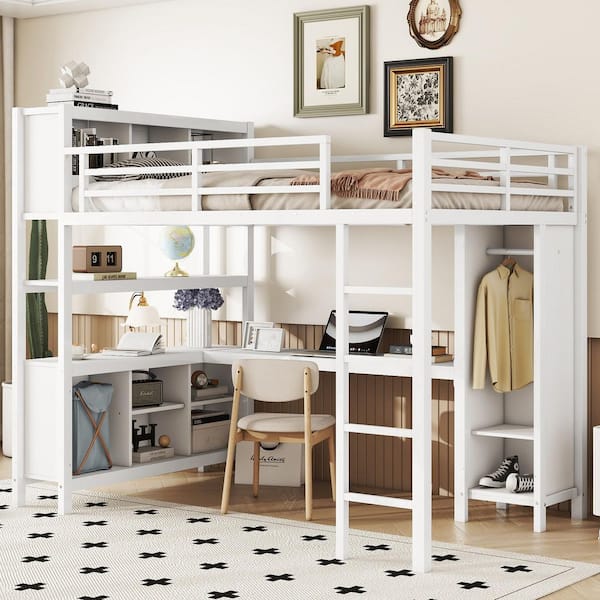 White Full Size Loft Bed with Wardrobe and L-shaped Desk