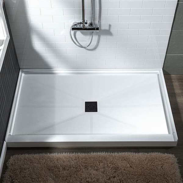 WOODBRIDGE Krasik 60 in. L x 32 in. W Alcove Solid Surface Shower Pan Base with Center Drain in White with Matte Black Cover