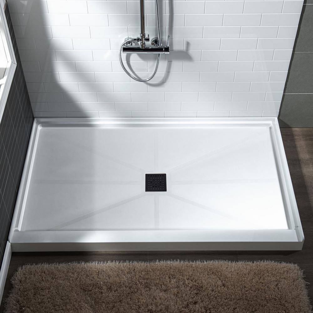 60" x 36" White Solid Surface Shower Pan with Matte Black Drain Cover