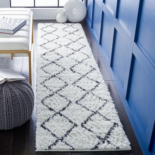 August Shag 2 ft. x 9 ft. Ivory/Black Diamond Geometric Runner Rug