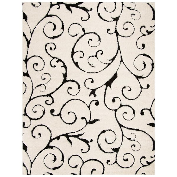 Florida Shag 11 ft. x 15 ft. Ivory/Black High-Low Floral Area Rug