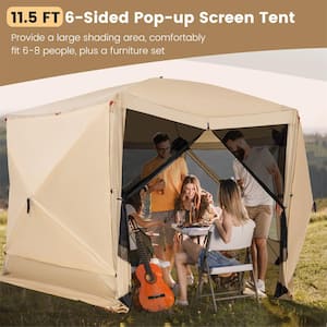 11.5 ft. x 11.5 ft. 6-Sided Pop-up Screen House Tent with 2 Wind Panels for Camping Coffee