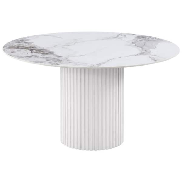 Cade White Stone 53 in. Pedestal Dining Table Seats 6