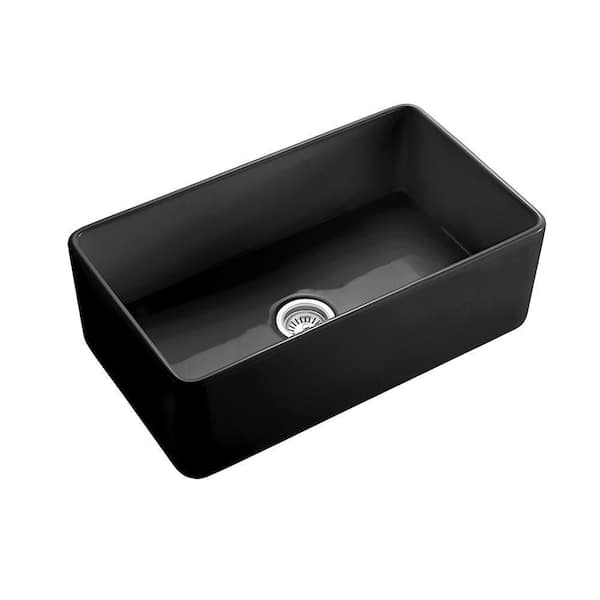 HOMLUX Fireclay 33 in. Single Bowl Farmhouse Apron Kitchen Sink in Matte Black