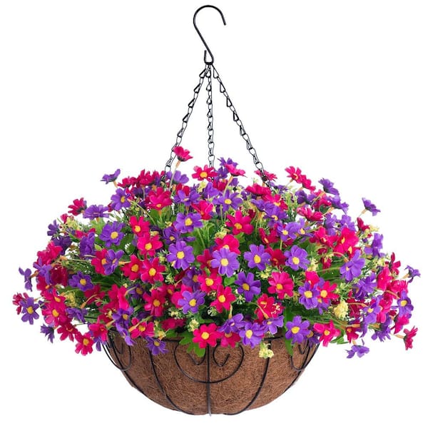 Unbranded 20 in. H Artificial Hanging Daisy Arrangement Flowers in Basket, Outdoor Indoor Patio Lawn Garden Decor, Plum Purple