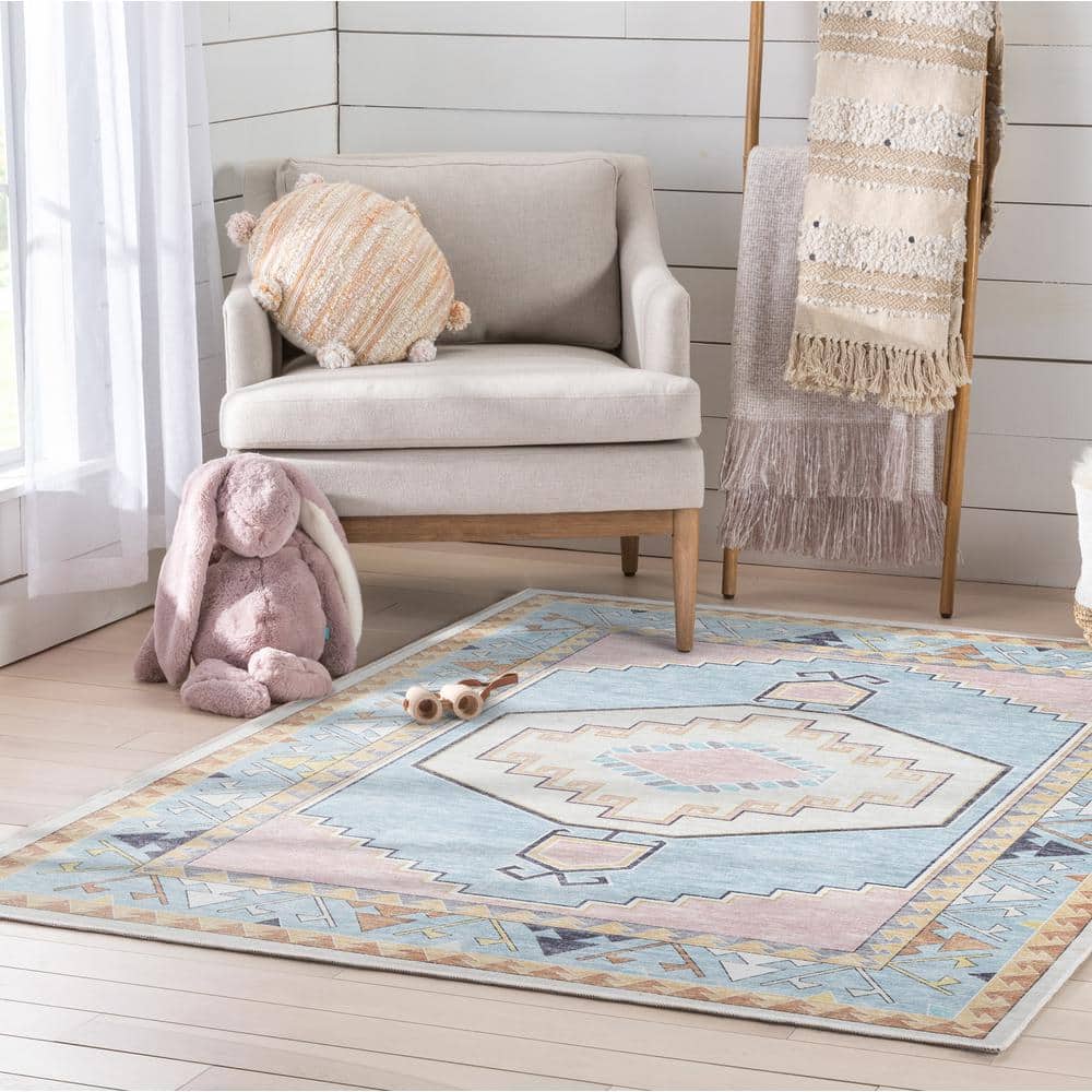 Apollo Pink and Blue Polyester Chenille Kids Area Rug 5' x 7'