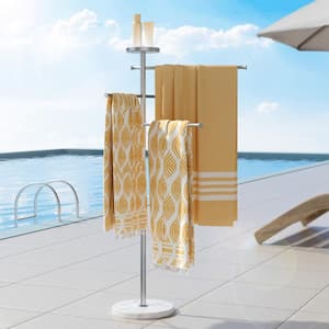 Natural Marble Outdoor Pool Towel Rack Towel Stand with Weighted Base 5-feet Adjustable 3 Arms in Brushed Finish