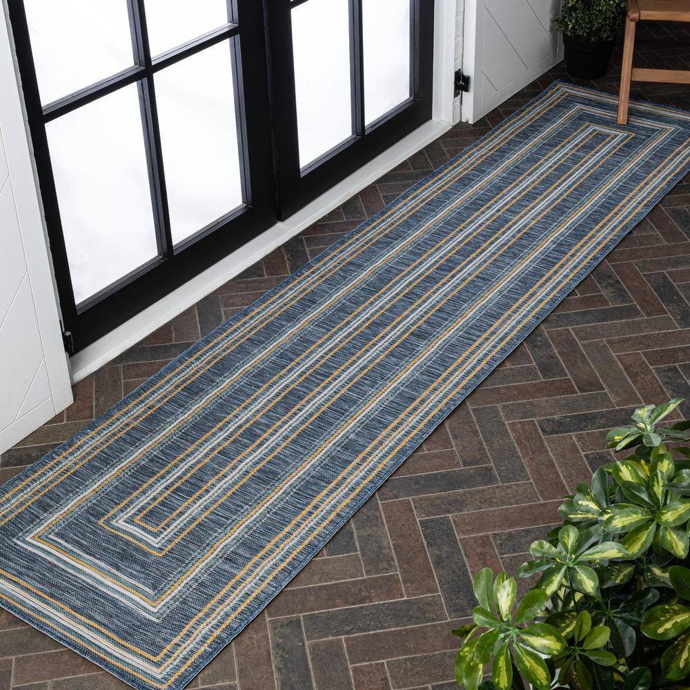 Navy and Cream Flat Woven Synthetic Reversible Runner Rug, 2 x 8