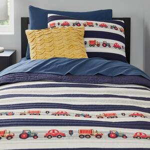 3-Piece Multi-Color Trucks and Cars Printed Stripe Cotton Full/Queen Quilt Set