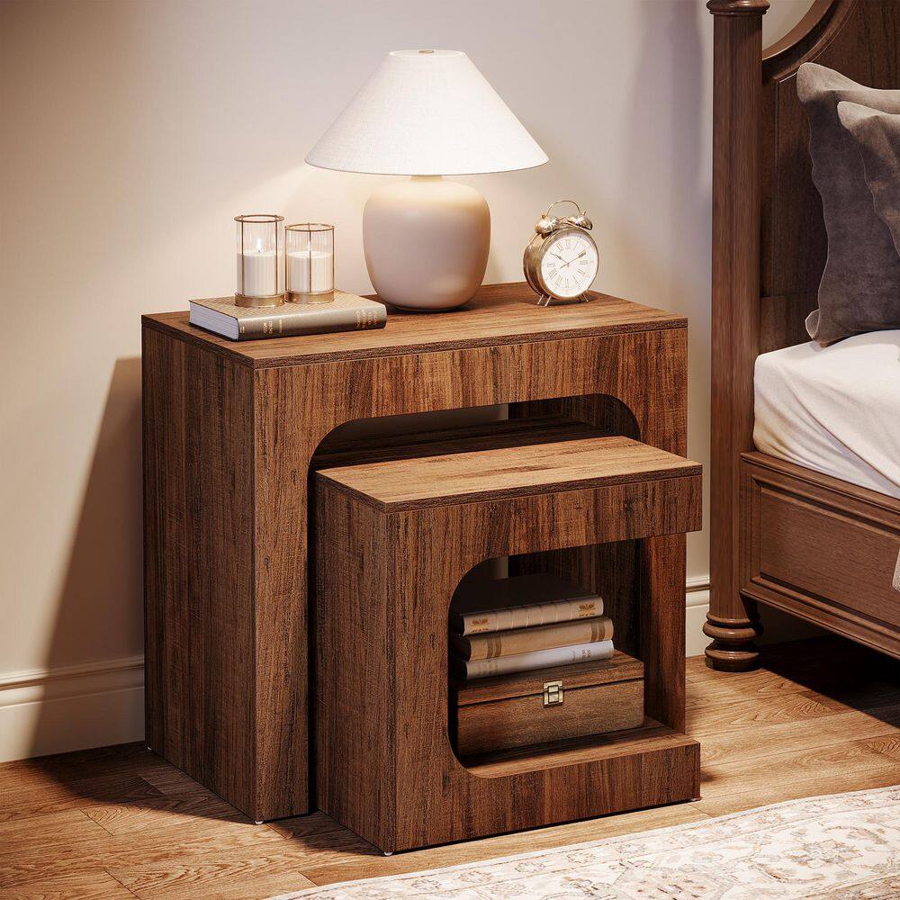 Andrea 27.6 in. Rustic Brown Rectangle Wood Nesting End Table, 2-Piece Side Table Small Coffee Table for Living Room - thumbnail 3