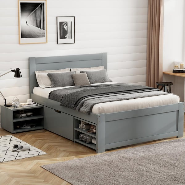 Qualler Antique Gray Wood Frame Twin Platform Bed with Two Double-layer Shelves and One Drawer