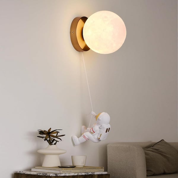 Zompoo Modern 5.9 in. 1-Light Cute Moon & Astronaut Wall Sconces G9 Base, Farmhouse Cordless 3D Printed White Wall Lamp