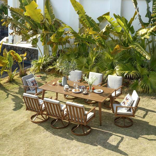 9pc teak patio table dining sets with umbrella furniture PHI VILLA Outdoor Set, Expandable Wood w/ Hole Crafted from solid 100% acacia wood Costway 9-Piece Acacia Wood Outdoor