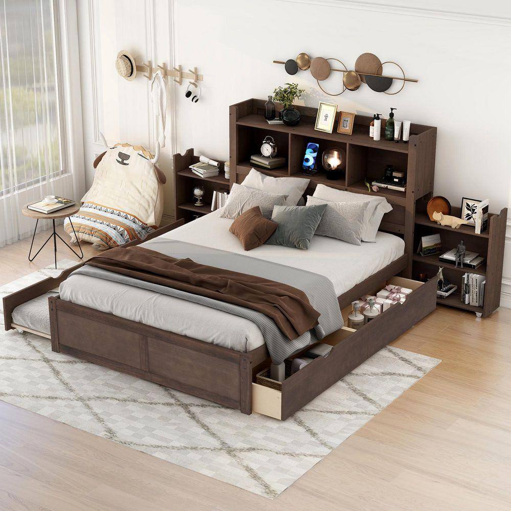 Foldable Rest Platform Nestfair Espresso Brown Wood Frame Full Platform Bed with Pull Out ...