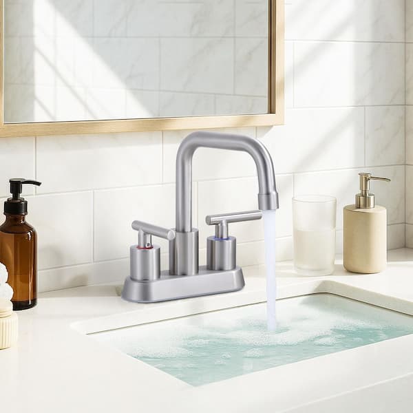 4 in. Centerset Double Handle 360° Rotation Spout Bathroom Faucet with Drain Kit Included in Brushed Nickel