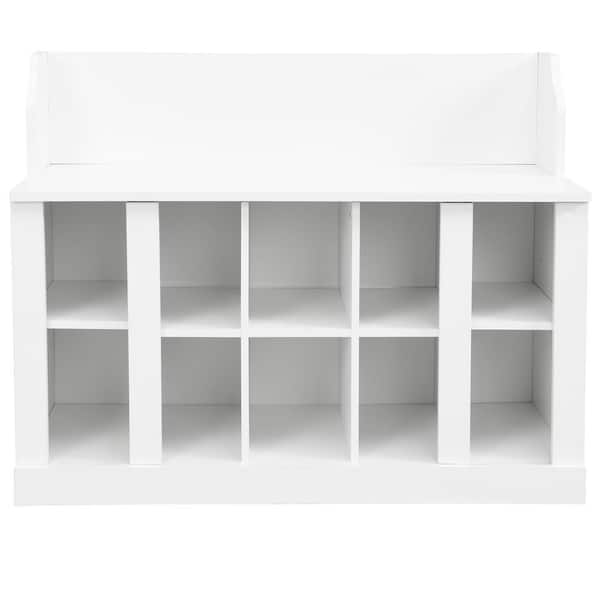 35 Inch Modern Farmhouse White Shoe Storage Bench Entryway Bench with Shelves and 4 Hooks