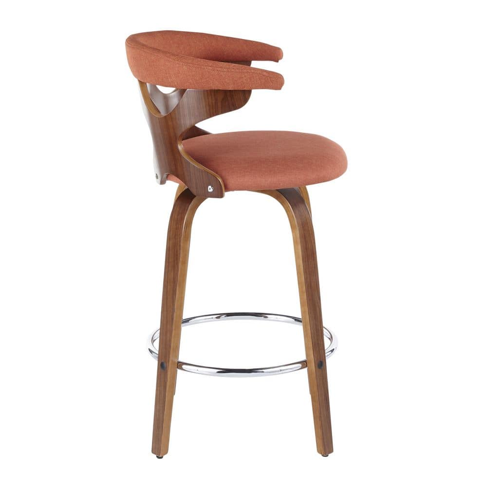 Walnut and Orange Swivel Counter Stool with Metal Frame