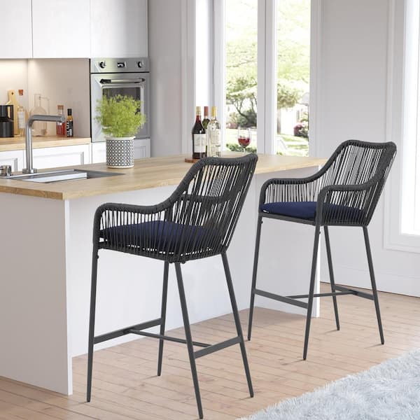 Freestyle Grey Wicker Outdoor Bar Stools Set of 2 with Navy Blue Cushions