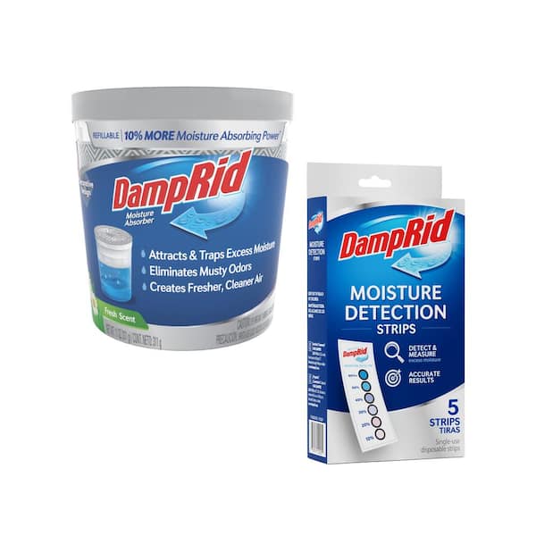 DampRid 11 oz. Fresh Scent Refillable Moisture Absorber and 5-Count Moisture  Absorber Detection Strips Combo FG01FSSBMDS05VB - The Home Depot
