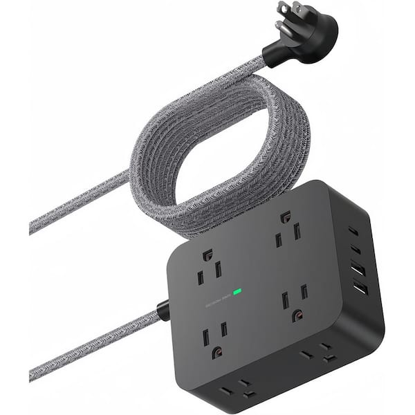 phyfalip 6 ft. 8-Outlet Flat Plug Extension Cord Power Strip Surge Protector in Black with 4 USB Ports