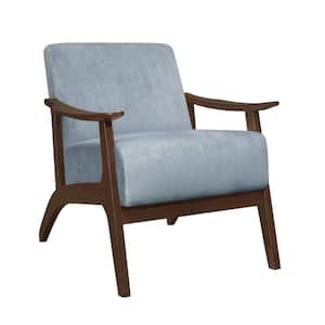 Blue, Gray and Brown Velvet Arm Chair with Cushioned Seat and Wooden Armrest