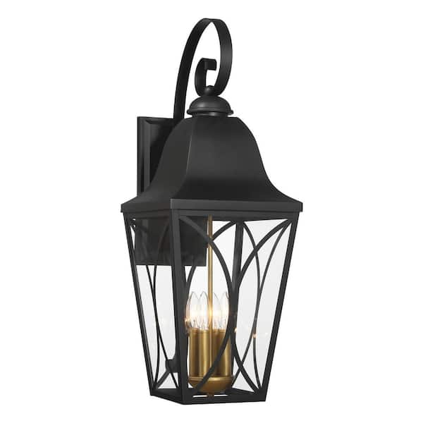 The Great Outdoors Cardigan 30.25 in. Sand Black and Olden Brass Outdoor Hardwired Lantern Wall Sconce with Glass Shades, No Bulbs Included