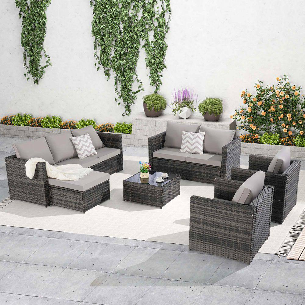Tenleaf 5-Piece Wicker Patio Conversation Set with Light Gray Cushions ...