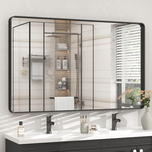 48 in. W x 30 in. H Rectangular Framed French Cleat Wall Mounted Tempered Glass Bathroom Vanity Mirror in Matte Black