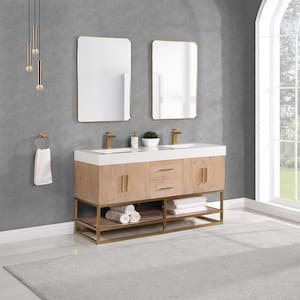 Bianco 60 in. W x 22 in. D x 34 in. H Double Sink Bath Vanity in Light Brown with White Composite Stone Top and Mirror