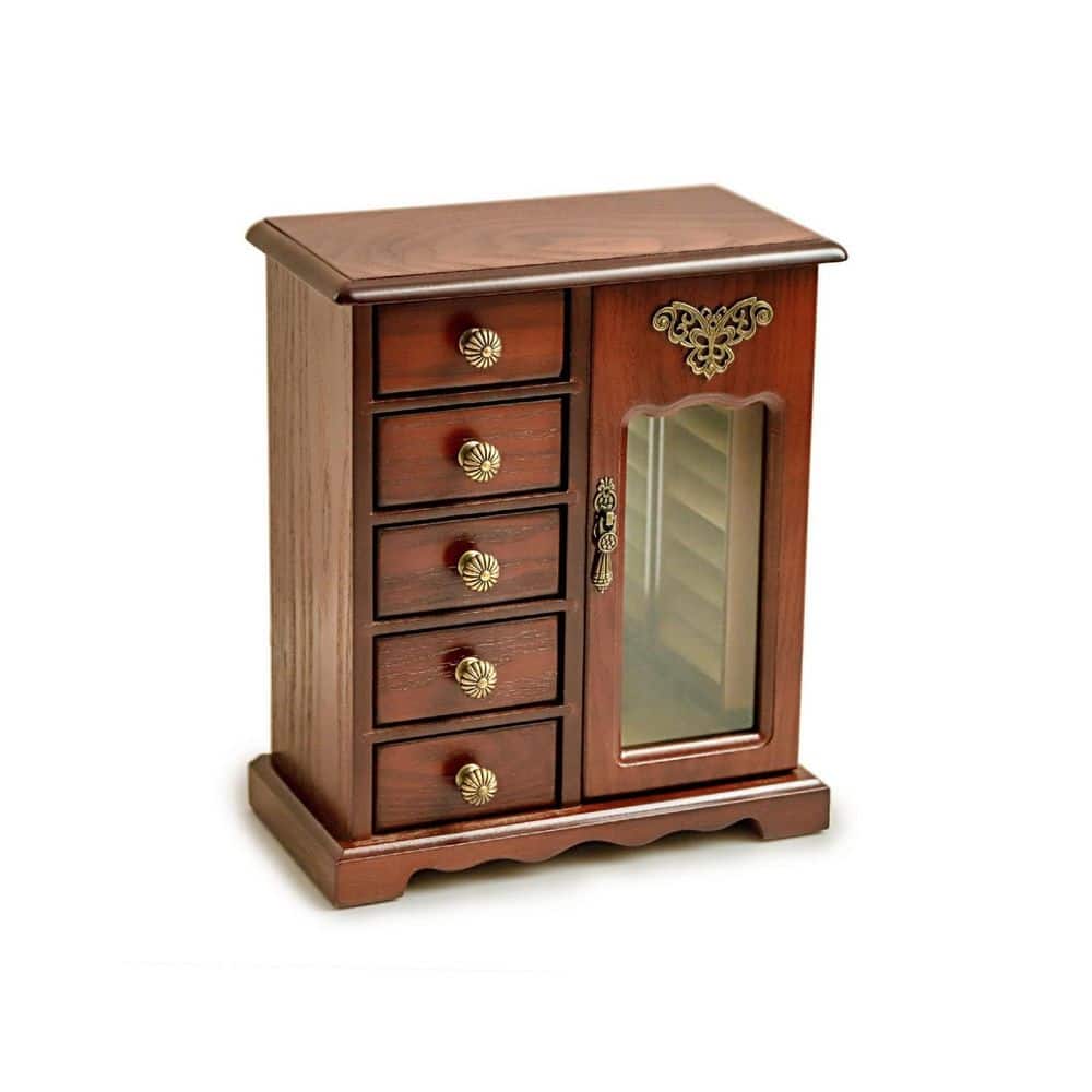Brown Rectangular Wood Jewelry Box with Butterfly Pattern and