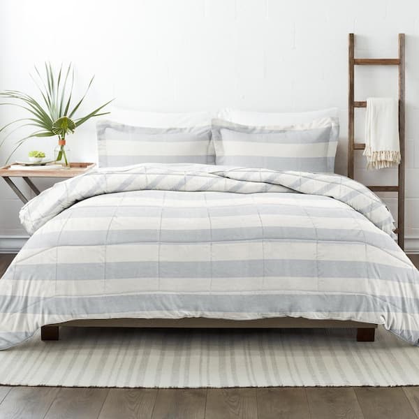 Becky Cameron Premium Down Alternative Light Blue Distressed Stripe Reversible Microfiber King Comforter Set