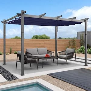 10 ft. x 12 ft. Navy Blue Aluminum Outdoor Retractable Pergola with Sun Shade Canopy for Garden Porch Beach Pavilion