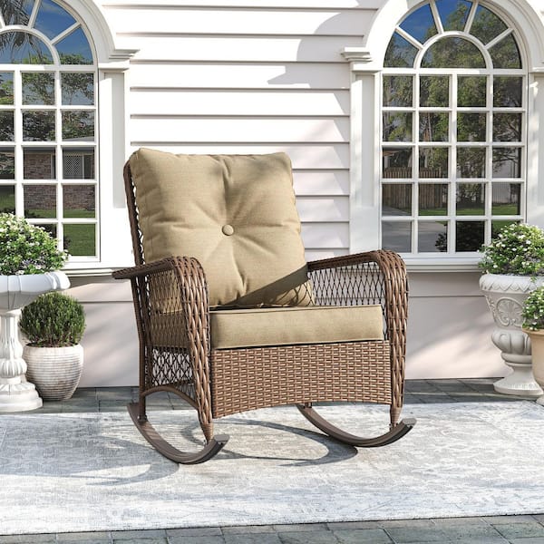 Wicker Outdoor Rocking Chair with Beige Cushion (Single Pack)