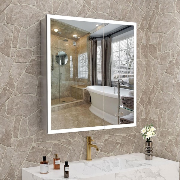 30 in. W x 32 in. H Silver Rectangular Aluminium LED Light Anti-Fog Surface/Recessed Medicine Cabinet with Mirror