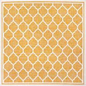 Trebol Moroccan Trellis Textured Weave Yellow/Cream 5 ft. Square Indoor/Outdoor Area Rug