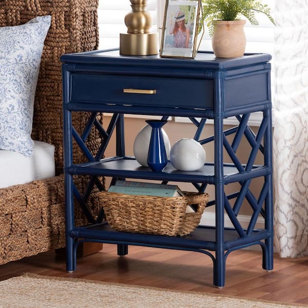 bali & pari Daina Blue Rattan 1-Drawer Nightstand