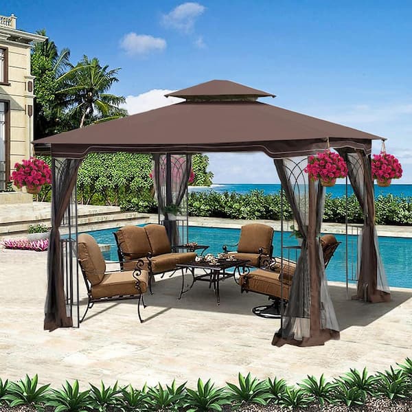 Unbranded 10 ft. x 10 ft. Steel Outdoor Terrace Gazebo Tent, with Ventilation Double Roof and Mosquito Net Brown Top