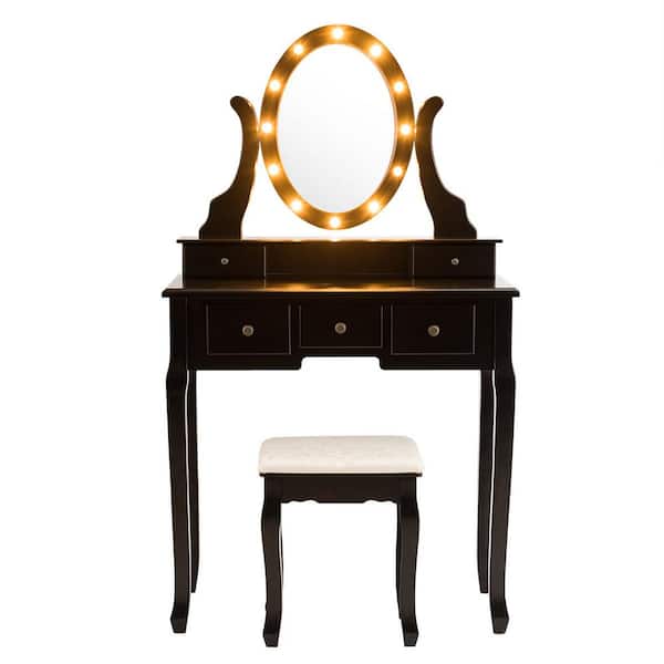 Costway Black Wood Vanity Set Makeup, Black Vanity Desk With Lighted Mirror