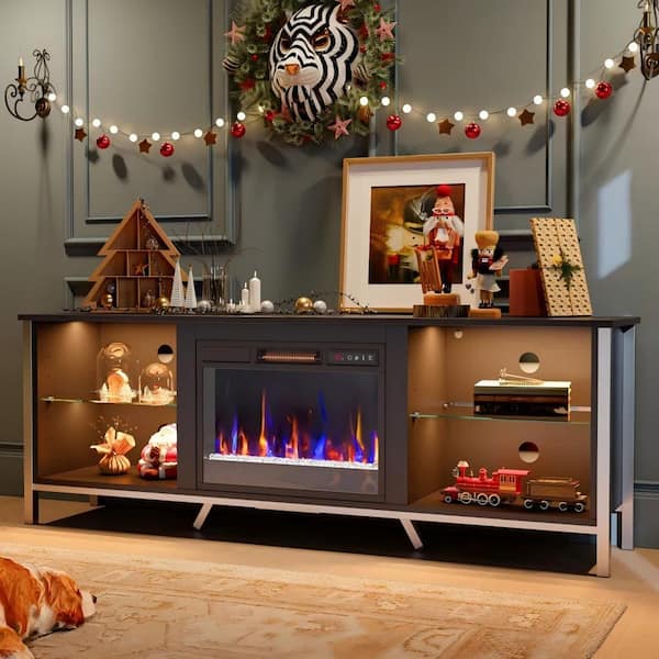 Bestier 70.87 in. Black Carbon Fiber TV Stand with Fireplace and Glass Shelves Fits TVs up to 75 in. LED Entertainment Center