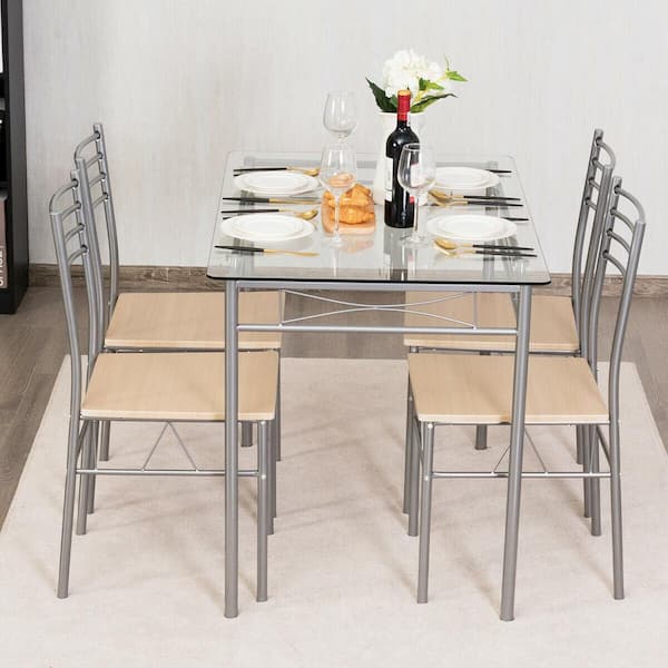 Rectangle Glass Top Beige Bar Table Set, Bar Height Glass Top Dining Table