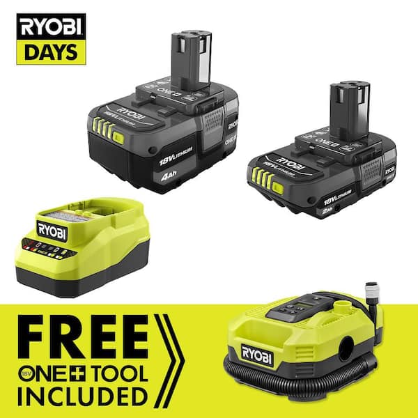 ONE+ 18V Lithium-Ion Starter Kit with 2.0 Ah Battery, 4.0 Ah Battery, Charger and FREE ONE+ 18V Cordless Inflator