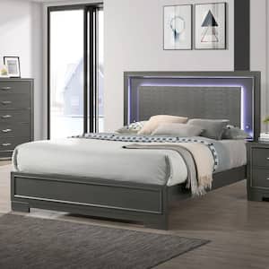 Jonvang Gray Wood Frame Queen Platform Bed with LED and Care Kit